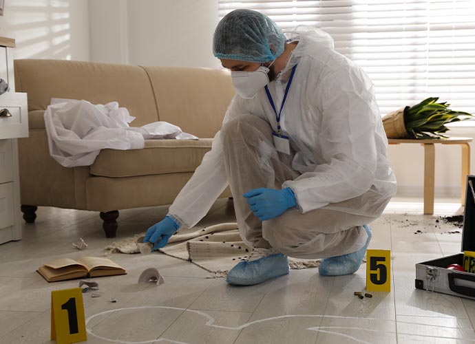 a professional inspecting a crime scene