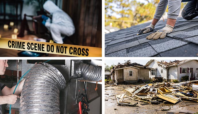 collage of biohazard cleanup, roof replacement, air duct cleaning and storm damage restoration