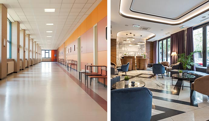 Collage of clean school and hotel interior