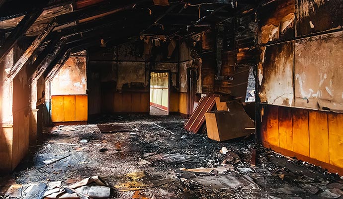 a house severely damaged in fire