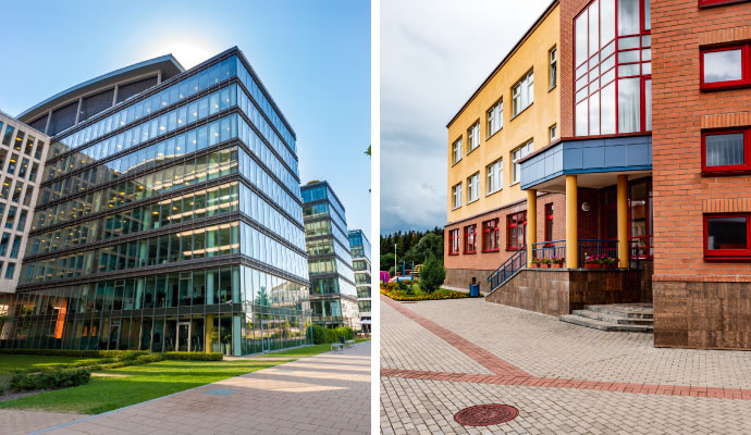 Collage of office building and school