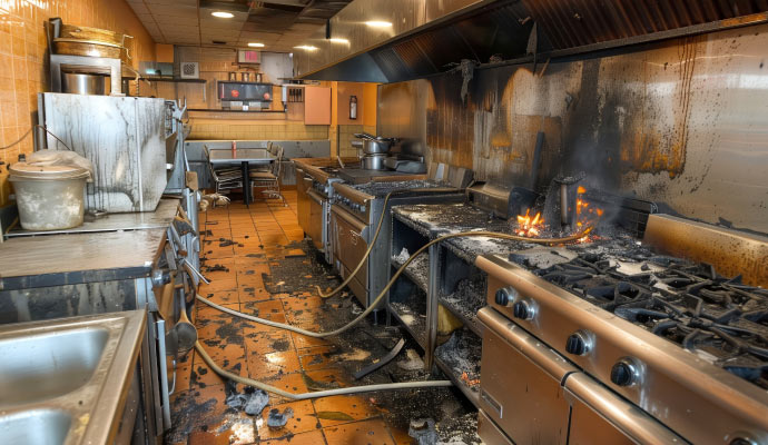 Fire damage in the kitchen of a restaurant