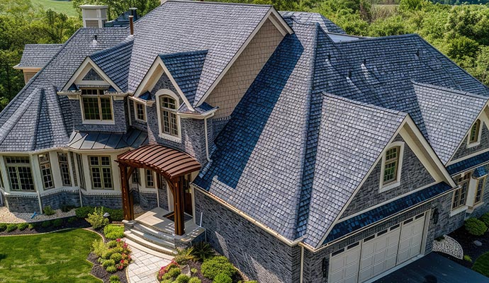 A bird's-eye view of a beautiful house roof