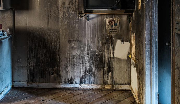 room with extensive fire damage