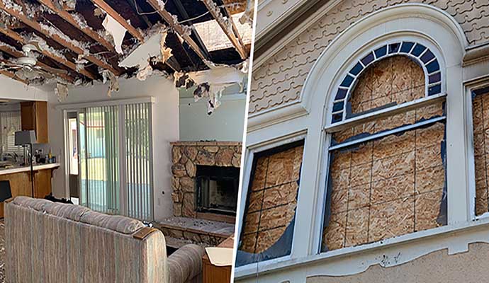 Collage of structural damage and board-up window