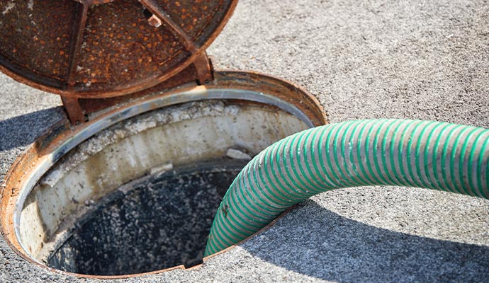 A manhole being cleaned with a large green hose