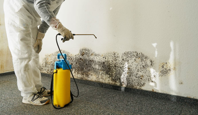 a professional cleaning up mold from a wall using professional tools