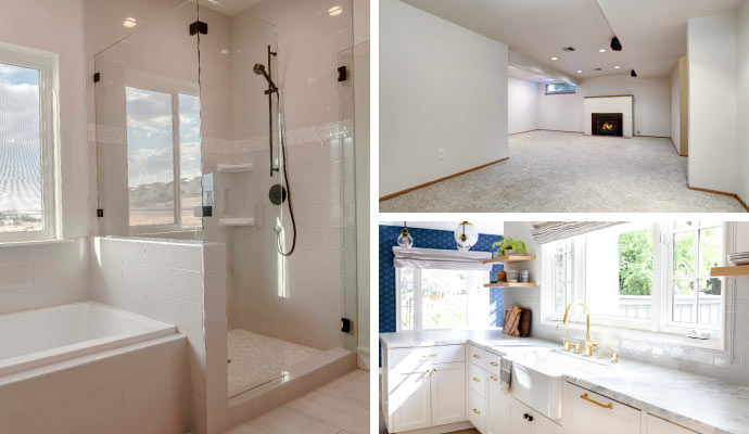 Collage of bathroom basement and kitchen