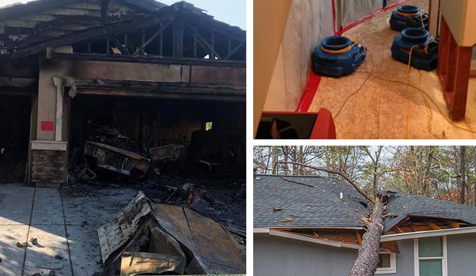 Collage of fire damaged house, water damage restoration and storm damaged property