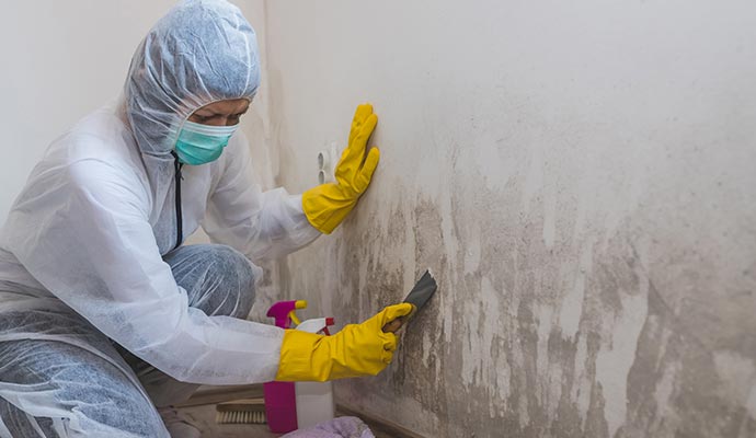 Person cleaning mold with a scraper