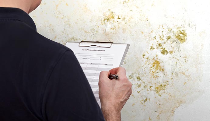 Person inspecting a wall with visible mold