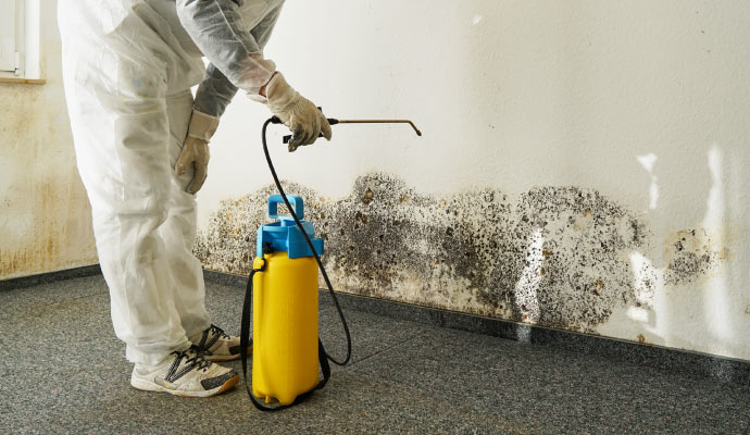 a person performing mold remediation on a wall with extensive black mold growth