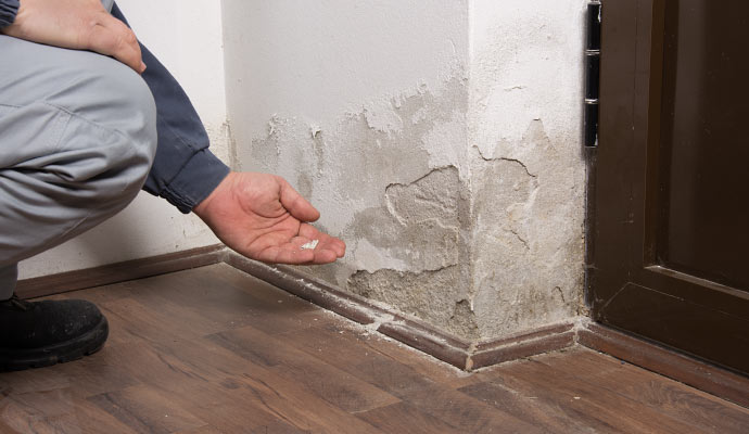 a person inspecting water damaged area