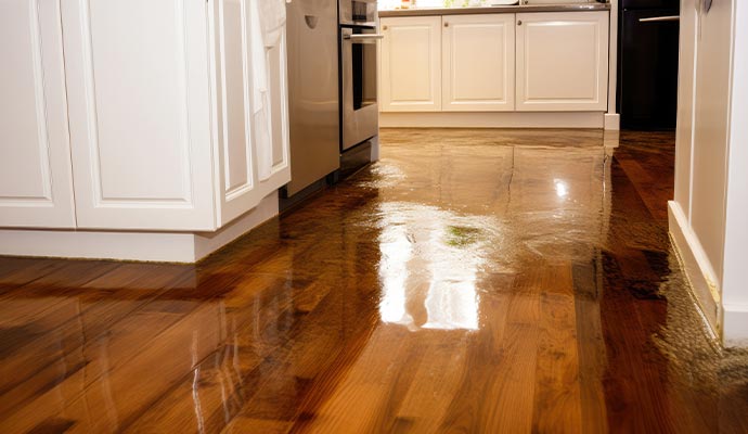 wooden floor that has been flooded with water