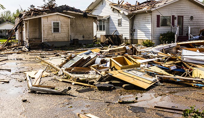 Houses severely damaged by a tornado